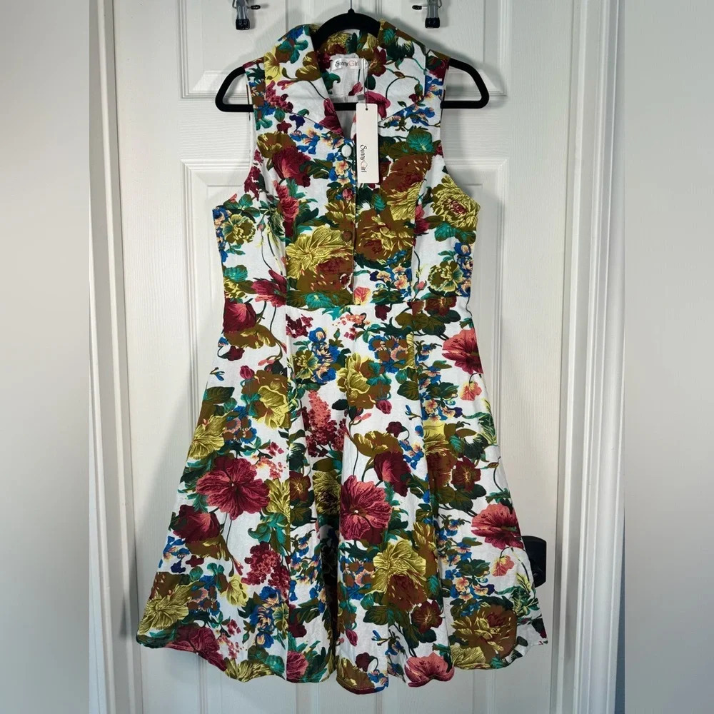 Floral Fit & Flare Sleeveless Dress - White Multi